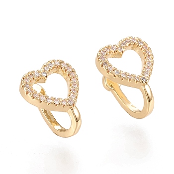 Brass Micro Pave Clear Cubic Zirconia Cuff Earrings, Heart, Real 18K Gold Plated, 6x1.5~3mm