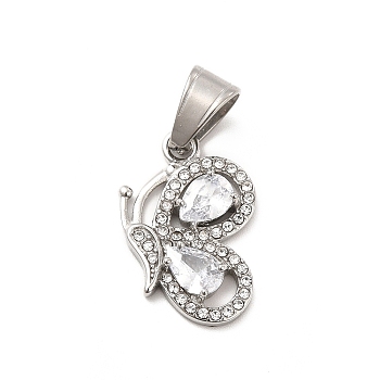 304 Stainless Steel Pendants, with Crystal Rhinestone, Butterfly Charms, Stainless Steel Color, 23x15x3.5mm, Hole: 8x5mm