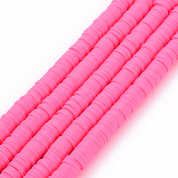Handmade Polymer Clay Bead Strands, Heishi Beads, Disc/Flat Round, Hot Pink, 6x0.5~1mm, Hole: 2mm, about 320~447pcs/strand, 15.74 inch~16.92 inch
