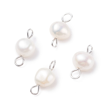 Natural Freshwater Pearl Connector Charms, with 304 Stainless Steel Loops, Nuggets, White, 14x6~8x5~5.5mm, Hole: 1.5~2.5mm