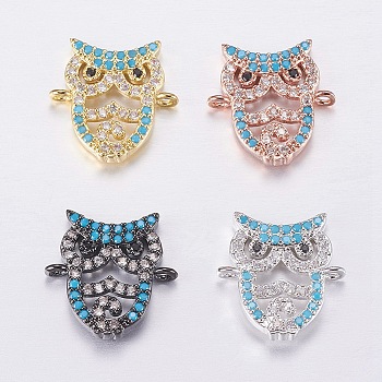 Brass Micro Pave Cubic Zirconia Links, Owl, Mixed Color, 15x15x2.5mm, Hole: 1mm