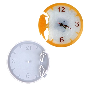 Flat Round with Woodpecker DIY Food Grade Silicone Clock Display Molds, Resin Casting Molds, for UV Resin, Epoxy Resin Craft Making, White, 203x205x10mm