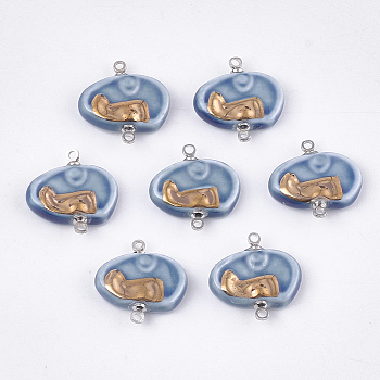 Handmade Porcelain Links connectors, Bright Glazed Porcelain, with Brass Findings, Platinum, Steel Blue, 19x18~18.5x4mm, Hole: 1.5mm