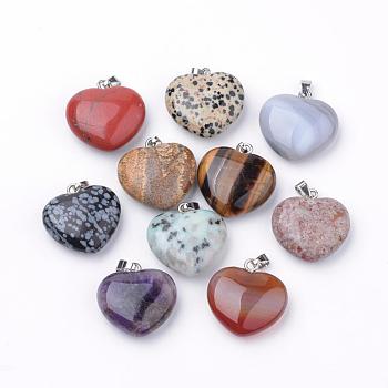 Natural Gemstone Pendants, with Alloy Findings, Heart, Platinum, 27~29x28x11mm, Hole: 3.5x5mm