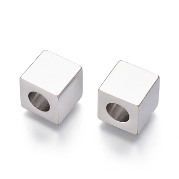 304 Stainless Steel European Beads, Large Hole Beads, Cube, Stainless Steel Color, 9x9x9mm, Hole: 5mm