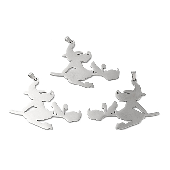 Halloween 304 Stainless Steel Big Pendants, Witch Charm, Stainless Steel Color, 39x50x1.5mm, Hole: 6.5x3mm