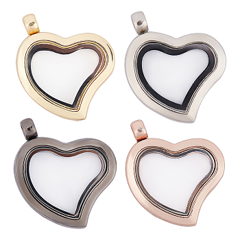 CHGCRAFT 4Pcs 4 Colors Alloy Pendant, with Glass Visual Window, Heart, Cadmium Free & Lead Free, Mixed Color, 35x28x7mm, 1pcs/color