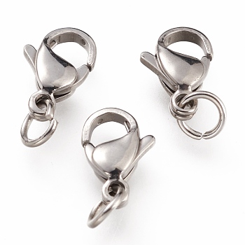 304 Stainless Steel Lobster Claw Clasps, With Jump Ring, Stainless Steel Color, 11x7x3mm, Hole: 3mm, Jump Ring: 5x0.6mm