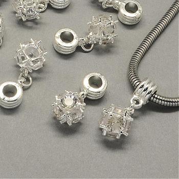 Alloy European Dangle Charms, with Rhinestones, Large Hole Pendants, Round, Silver Color Plated, Crystal, 28mm, Hole: 5mm