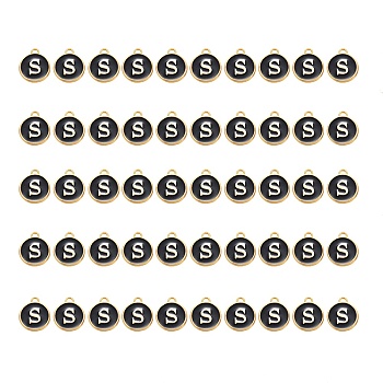 Golden Plated Alloy Charms, with Enamel, Enamelled Sequins, Flat Round, Black, Letter.S, 14x12x2mm, Hole: 1.5mm, 50pcs/Box