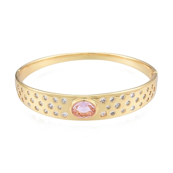 Cubic Zirconia Oval Hinged Bangle, Real 18K Gold Plated Brass Jewelry for Women, Pearl Pink, Inner Diameter: 2-1/8x2-3/8 inch(5.3x6cm)