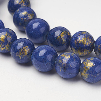 Natural Mashan Jade Beads Strands, with Gold Powder, Dyed, Round, Medium Blue, 12mm, Hole: 1.5mm, about 32pcs/strand, 16 inch