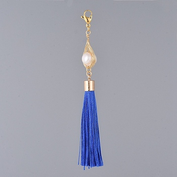 Polyester Tassel Big Pendants, with Natural Cultured Freshwater Pearl and 304 Stainless Steel Lobster Claw Clasps, Golden, Blue, 100mm