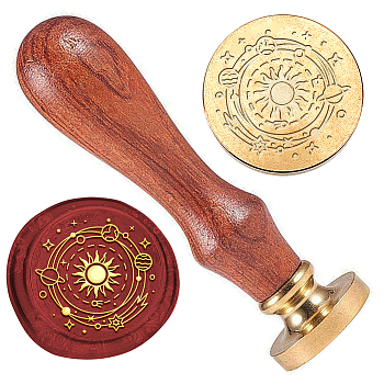 Wax Seal Stamp Set, Golden Tone Sealing Wax Stamp Solid Brass Head, with Retro Wood Handle, for Envelopes Invitations, Gift Card, Planet, 83x22mm, Stamps: 25x14.5mm
