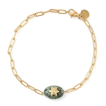 Natural African Jade 304 Stainless Steel Bracelet for Women, with Rhinestone, Real 18K Gold Plated, 8-1/4 inch(20.9cm)