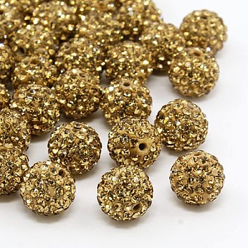 Pave Disco Ball Beads, Polymer Clay Rhinestone Beads, Grade A, Lt.Col.Topaz, PP15(2.1~2.2mm), 14mm, Hole: 2mm