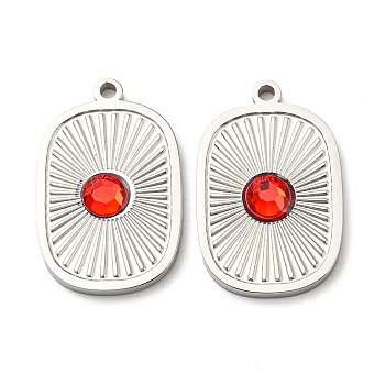 304 Stainless Steel Pendants, with Red Glass, Rectangle Charms, Stainless Steel Color, 17.5x11.5x2.5mm, Hole: 1.2mm