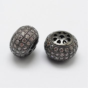 Brass Micro Pave Cubic Zirconia Beads, Flat Round, Lead Free & Nickel Free, Gunmetal, 12x9mm, Hole: 2mm