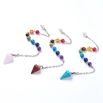 Fashion Natural & Synthetic Gemstone Hexagonal Pointed Dowsing Pendulums, with Brass Findings, Cone/Spike/Pendulum, Mixed Color, 24.5~25cm