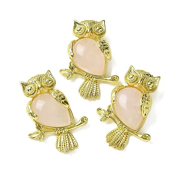 Natural Rose Quartz Pendants, Brass Owl Charms, Golden, Rack Plating, Cadmium Free & Lead Free, 36.5x26.5x7.5mm, Hole: 6.5x4.5mm