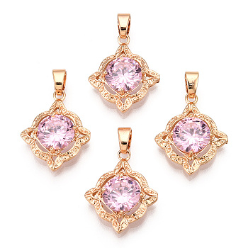 Brass Micro Pave Pink Cubic Zirconia Pendants, Flower Charm, Real 18K Gold Plated, 21.5x17x5.5mm, Hole: 4.5x3.5mm