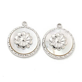 304 Stainless Steel Pendants, with Pave Shell, Flat Round with Flower Charm, Stainless Steel Color, 18x15x3mm, Hole: 1.5mm