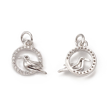 Brass Micro Pave Cubic Zirconia Bird Charms, with Jump Ring, Ring & Toucan Charm, Platinum, 13x12x2mm, Hole: 3mm
