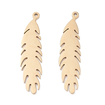 Ion Plating(IP) 316 Surgical Stainless Steel Pendants, Feather, Real 24K Gold Plated, 35x8.5x1mm, Hole: 1.2mm