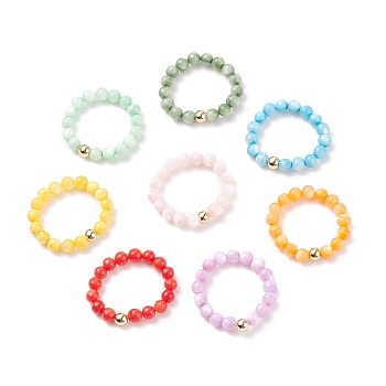 8Pcs 8 Colors Natural Shell & Brass Round Beaded Stretch Rings for Women, Mixed Color, US Size 8 1/2(18.5mm), 1Pc/color