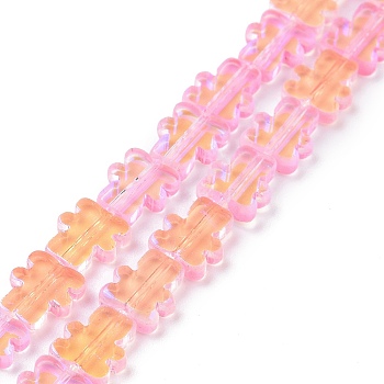 Transparent Electroplate Glass Beads Strands, AB Color Plated, Bear, Hot Pink, 9~9.5x8x2.5mm, Hole: 0.7mm, about 45pcs/strand, 16.46 inch(41.8cm)