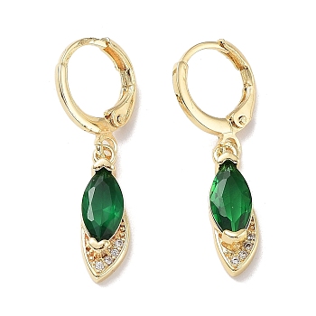 Real 18K Gold Plated Brass Dangle Leverback Earrings, with Cubic Zirconia and Glass, Horse Eye, Green, 30.5x6mm