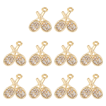 10Pcs Sport Theme, Brass Micro Pave Clear Cubic Zirconia Charms, Tennis Racket, Real 18K Gold Plated, 13x11x2mm, Hole: 1.2mm
