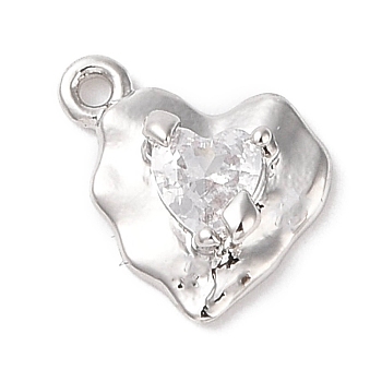 Brass Micro Pave Clear Cubic Zirconia Charms, Heart Charm, Platinum, 9x11x3mm, Hole: 1mm