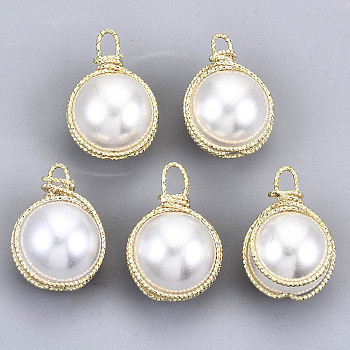 ABS Plastic Imitation Pearl Pendants, with Real 18K Gold Plated Brass Findings, Round, Creamy White, 19x13x12mm, Hole: 2mm