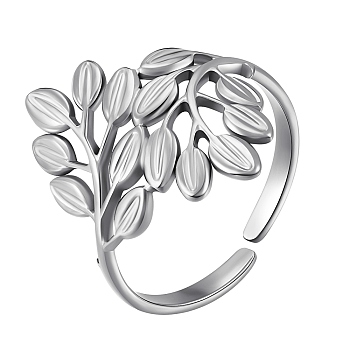 304 Stainless Steel Leaf Open Cuff Ring, Wide Band Ring for Women, Stainless Steel Color, US Size 7 1/2(17.7mm)