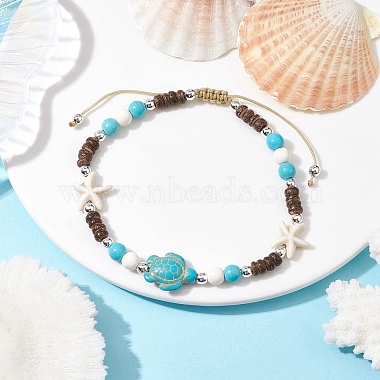 Starfish & Tortoise Synthetic Turquoise Braided Bead Anklets(AJEW-AN00564-02)-2