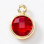 Birthstone Brass K9 Glass Charms, Flat Round, Faceted, Dark Red, 9.2x6.8x3mm, Hole: 1.5mm(KK-H002-28G-01)