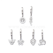 3 Pair 3 Style Leaf & Flower & Butterfly & Tree & Elephant Asymmetrical Earrings, 304 Stainless Steel Dangle Hoop Earrings for Women, Stainless Steel Color, 24~31mm, Pin: 1mm, 1 Pair/style(EJEW-B020-03P)