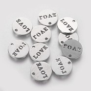 304 Stainless Steel Charms, Flat Round with Word Love, Stainless Steel Color, 12x1mm, Hole: 1mm(STAS-Q201-T052)