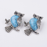 Synthetic Turquoise Pendants, with Alloy Finding, Owl, Antique Silver, 46.5x35.5x11.5mm, Hole: 6x8.5mm(G-E442-01T)