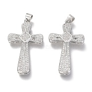 Brass Micro Pave Clear Cubic Zirconia Pendants, Cross with Rhombus, Real Platinum Plated, 35x20x4mm, Hole: 3mm(ZIRC-O038-03P)
