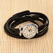3-Loop Leather Platinum Plated Alloy Quartz Wrap Bracelet Watches, with Alloy Clasps, Black, 610x8mm(WACH-F010-01A)