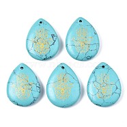 Synthetic Turquoise Pendants, Teardrop with Hamsa Hand Pattern, 32~33.5x25~26x6.5~7.5mm, Hole: 2mm, 6pcs/bag(G-T122-73H)