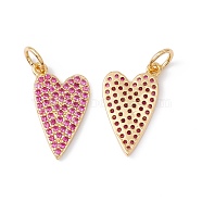 Rack Plating Brass Micro Pave Hot Pink Cubic Zirconia Pendants, with Jump Ring, Cadmium Free & Nickel Free & Lead Free, Heart, Real 18K Gold Plated, 18x10.5x1.5mm, Jump Ring: 5x0.8mm, Inner Diameter: 3.4mm(ZIRC-C040-19G)