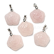 Natural Rose Quartz Carved Pendants, Flower Charms with Rack Plating Platinum Plated Brass Pinch Bails, 30x22.5x7.5mm, Hole: 4.5x4mm(G-I319-02P-A03)