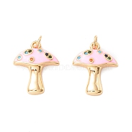 Autumn Theme Rack Plating Brass Micro Pave Colorful Cubic Zirconia Pendants, with Enamel, Cadmium Free & Nickel Free & Lead Free, Real 18K Gold Plated, Mushroom, Pink, 16.5x14x3.5mm, Hole: 2.8mm(KK-D073-06G-05)
