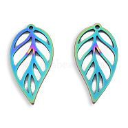 Ion Plating(IP) 201 Stainless Steel Pendants, Hollow, Leaf, Rainbow Color, 30.5x15.5x1.5mm, Hole: 1.4mm(STAS-N098-113M)