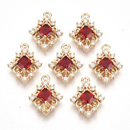 Golden Tone Brass Pendants, with Faceted Glass and Clear Rhinestone, Rhombus, Red, 14.5x11x4mm, Hole: 1.2mm, Diagonal Length: 14.5mm, Side Length: 10mm(GLAA-R212-16B)