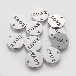 Non-Tarnish 304 Stainless Steel Charms, Flat Round with Word Love, Stainless Steel Color, 12x1mm, Hole: 1mm(STAS-Q201-T052)