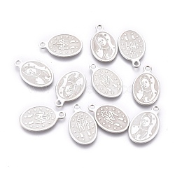 Non-Tarnish 304 Stainless Steel Charms, Laser Cut, Oval with Virgin Mary, Stainless Steel Color, 14.5x9x0.6mm, Hole: 1.4mm(STAS-L247-013P)